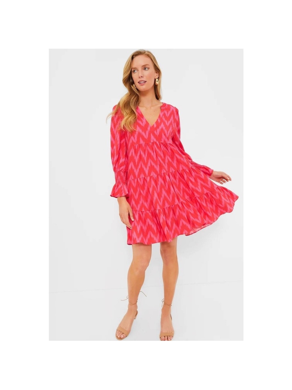 Tuckernuck Pomander Place Kenzo Pink-Red Zigzag Smocked Sleeve Tiered Dress, M